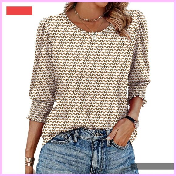 Tops - Women's 3/4 Sleeve Smocked Cuff Blouse Casual Dressy Top